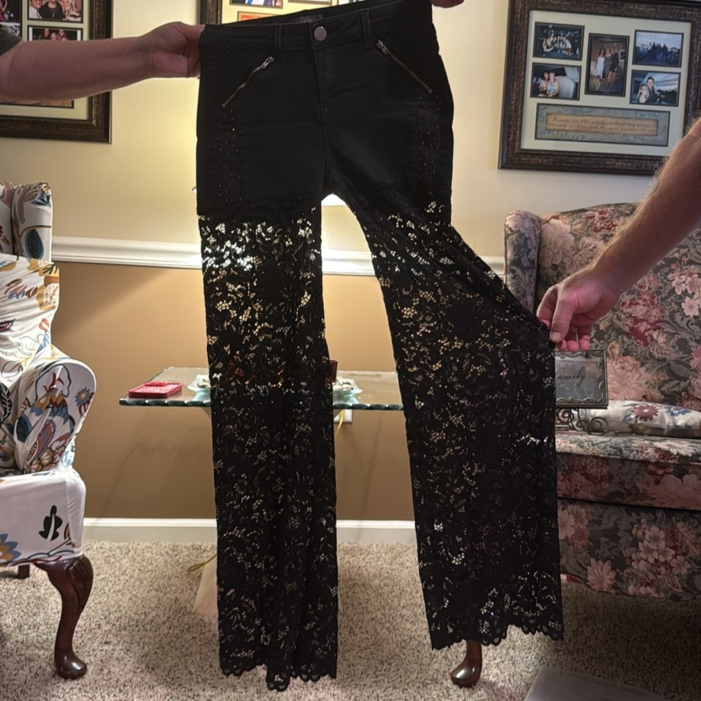 VINTAGE OASIS size 12 black rhinestone denim jeans/shorts w/sheer lace on bottom - Picture 2 of 8